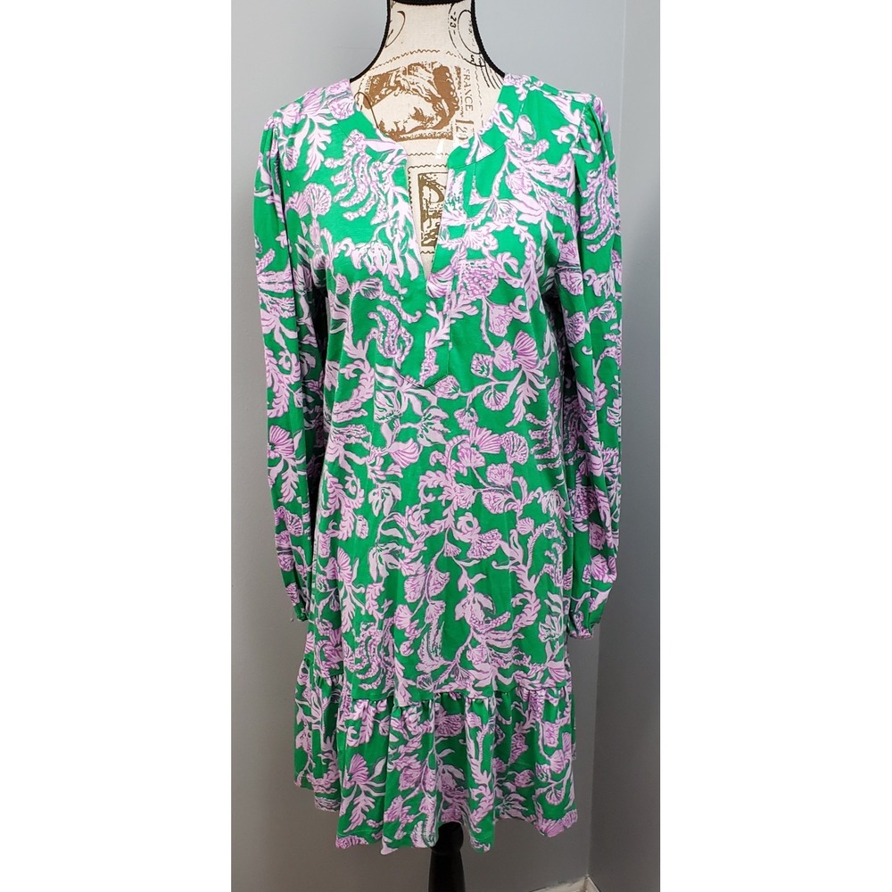 Lilly Pulitzer Shift Dress Womens L Multi Floral Ruffled Hem Long Sleeve Cut-V